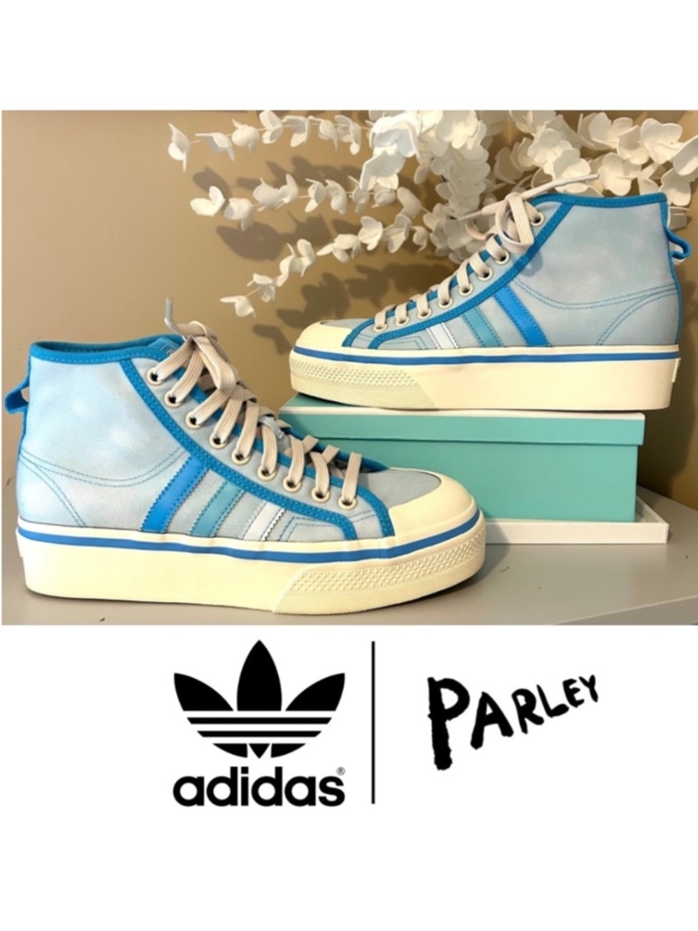 LikeNew! adidas Parley Nizza Platform Mid Almost Blue Sneakers Women's Size 8.5